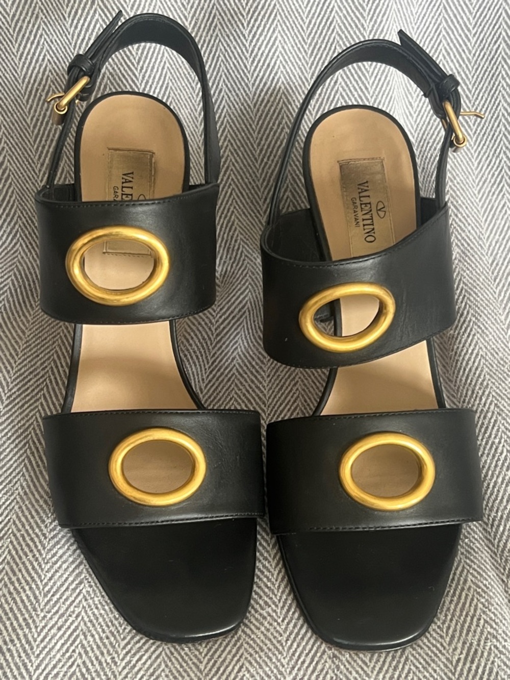 Valentino Garavani gold eyelet embellished block high heels/leather sandals~7.5~